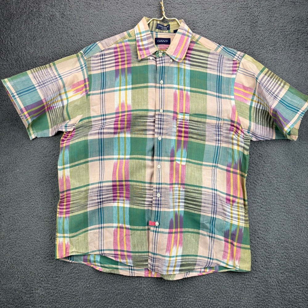 Gant Mens Large Authentic Indian Ikat Plaid Short Sleeve Button Down Shirt Multi
